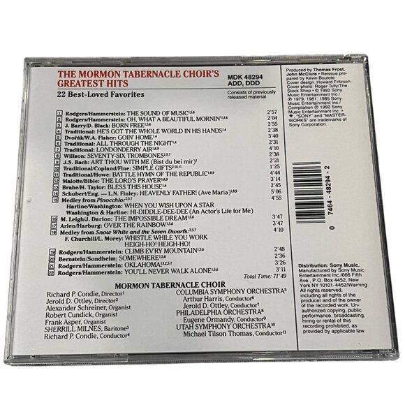The Mormon Tabernacle Choirs Greatest Hits CD 22 Best-Loved Favorites Sony Maste - Picture 3 of 4